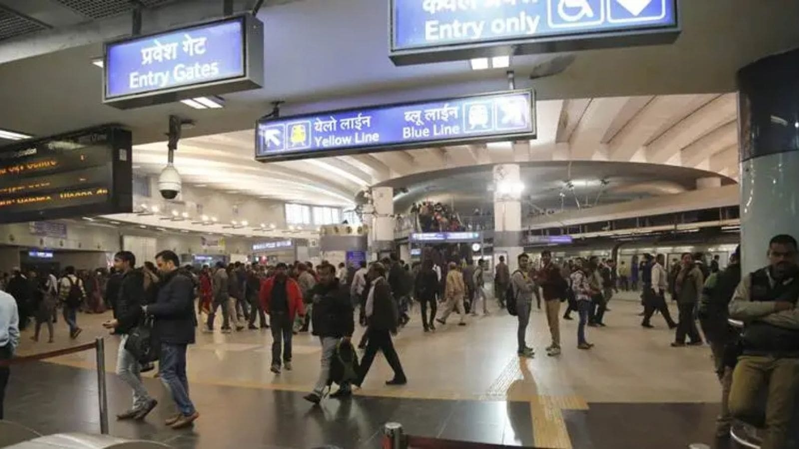 For crowd control, steel railings installed at Delhi Metro's interchange stations