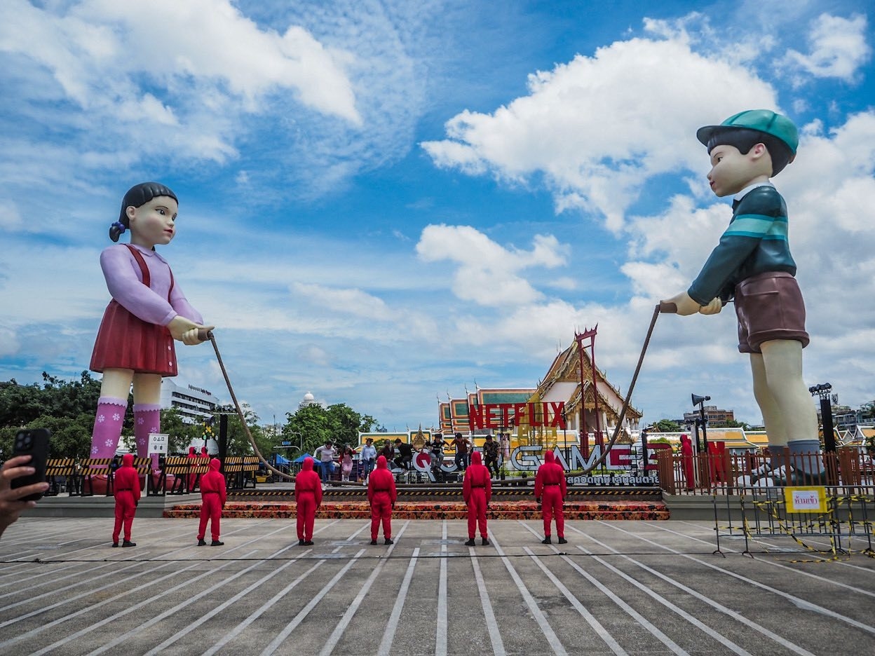 World's largest Squid Game dolls swing into Bangkok