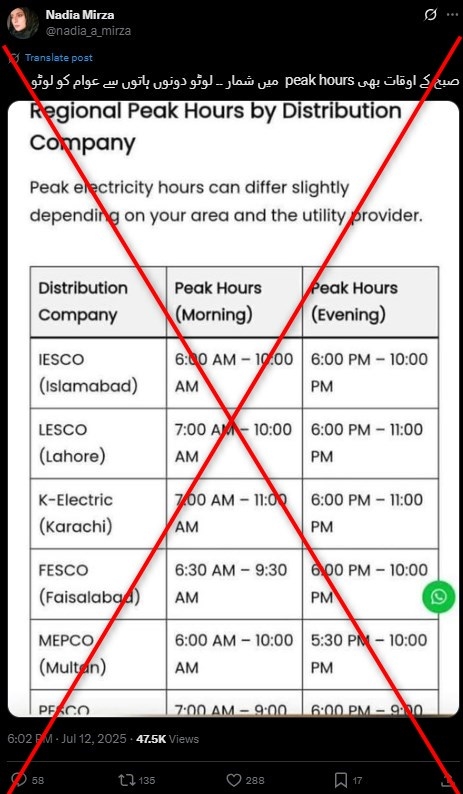 Pakistan power companies have not introduced additional peak charges