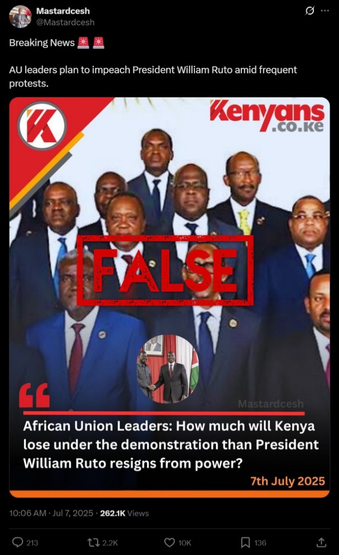 The African Union has not announced plans to impeach Kenya's president