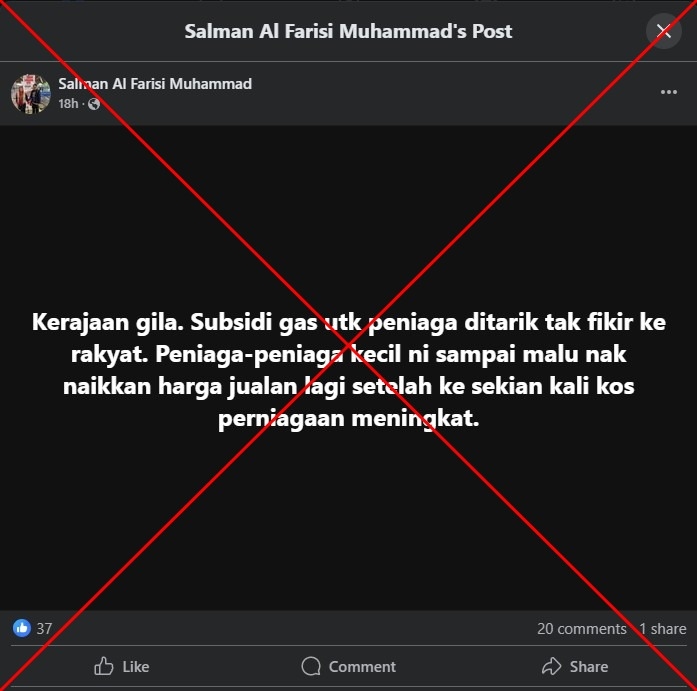 Misleading posts claim Malaysian government 'removed gas subsidies for all businesses'