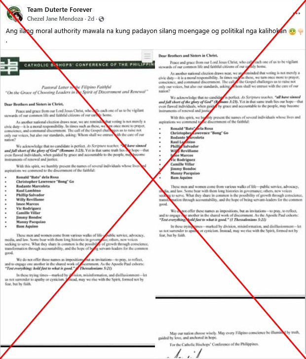 Election 'letter' from Philippine bishops is fabricated