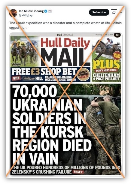 Fake newspaper cover on Ukrainian soldiers in Kursk spreads online