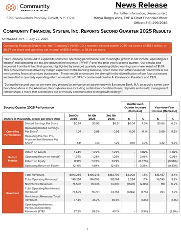 Community Financial System, Inc. Reports Second Quarter 2025 Results