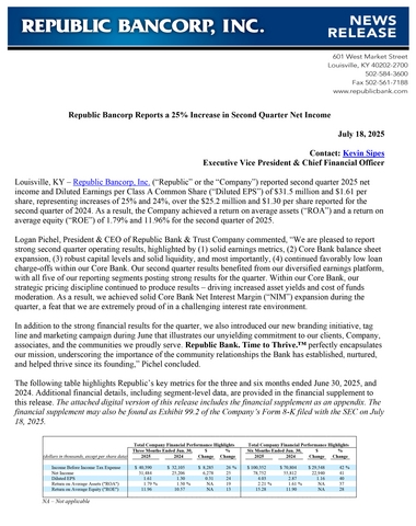 Republic Bancorp Reports a 25% Increase in Second Quarter Net Income