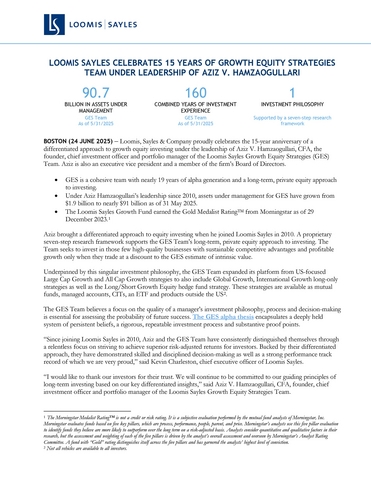 Loomis Sayles Celebrates 15 Years of Growth Equity Strategies Team Under Leadership of Aziz V. Hamzaogullari