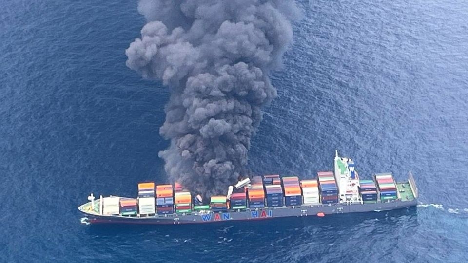 Indian coast guard battles massive fire on container ship listing off Kerala