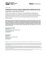 CANADIAN UTILITIES LIMITED ANNOUNCES DEBENTURE ISSUE