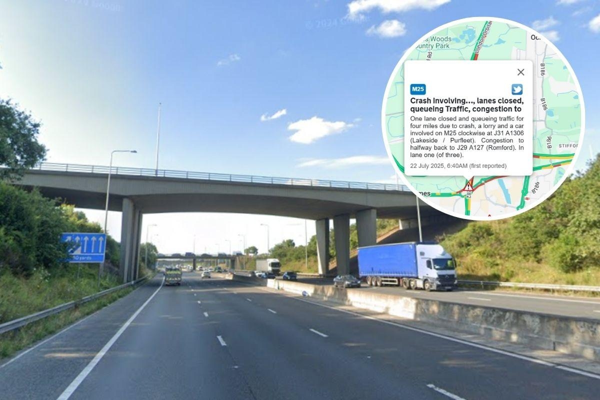 Car and lorry crash on M25 causing four-mile queues in south Essex
