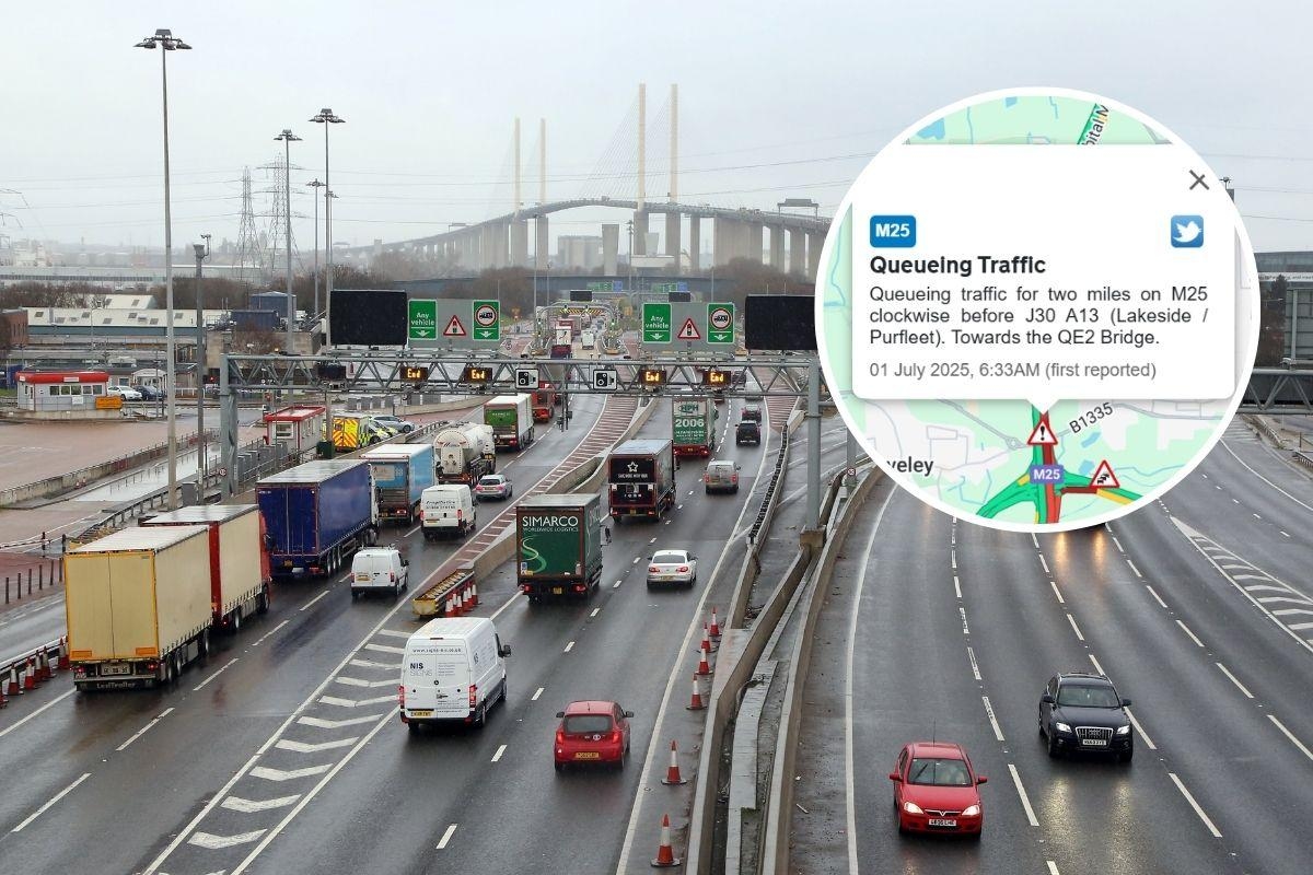 Two-mile queues and severe delays towards Dartford crossing from south Essex