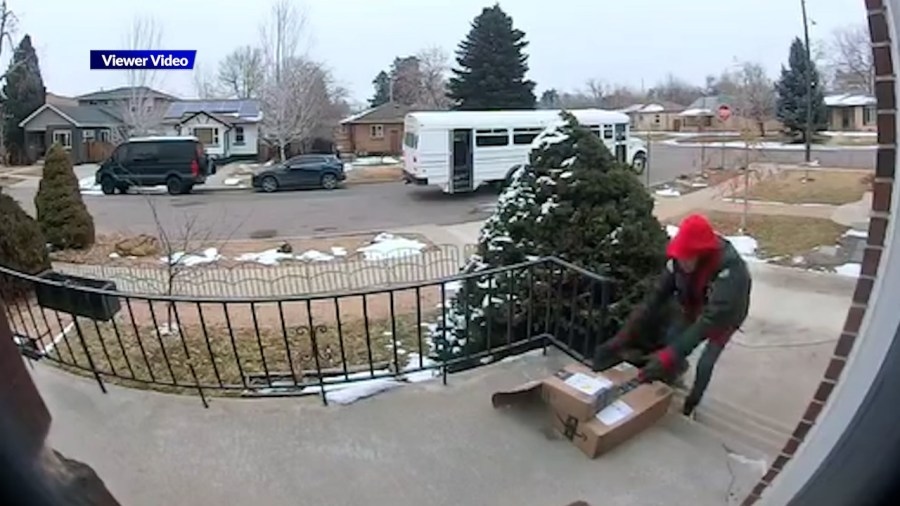 Porch pirate uses stolen white school bus as getaway vehicle