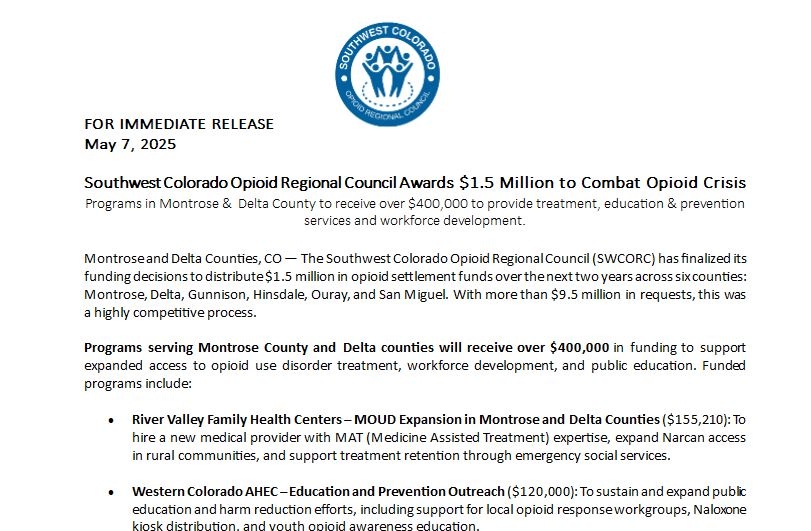 $1.5 million in funding allocated to Southern Colorado counties to combat opioid crisis