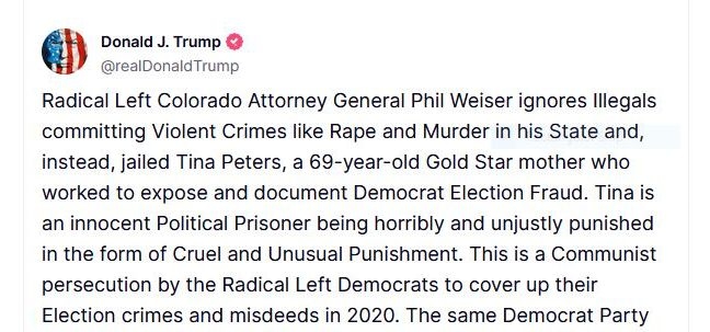 Trump Champions Tina Peters in Social Media Post