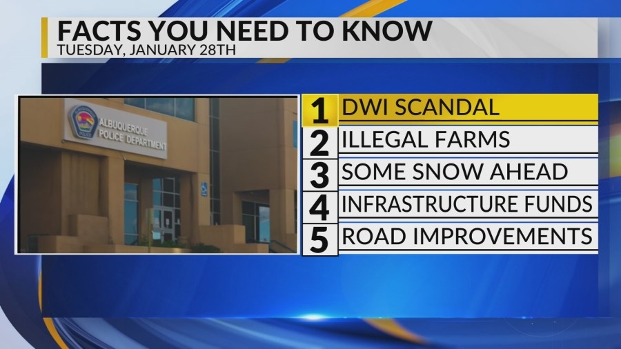 KRQE Newsfeed: DWI scandal, Illegal farms, Snow ahead, Infrastructure funds, Road improvements