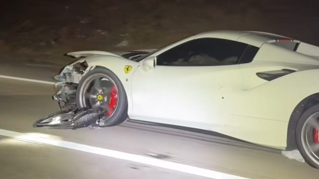 Watch a Badly Damaged Ferrari F8 Spider Cruise Down the Highway