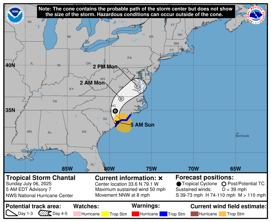 Tropical Storm Chantal makes landfall in SC as heavy rains continue across the Wilmington area