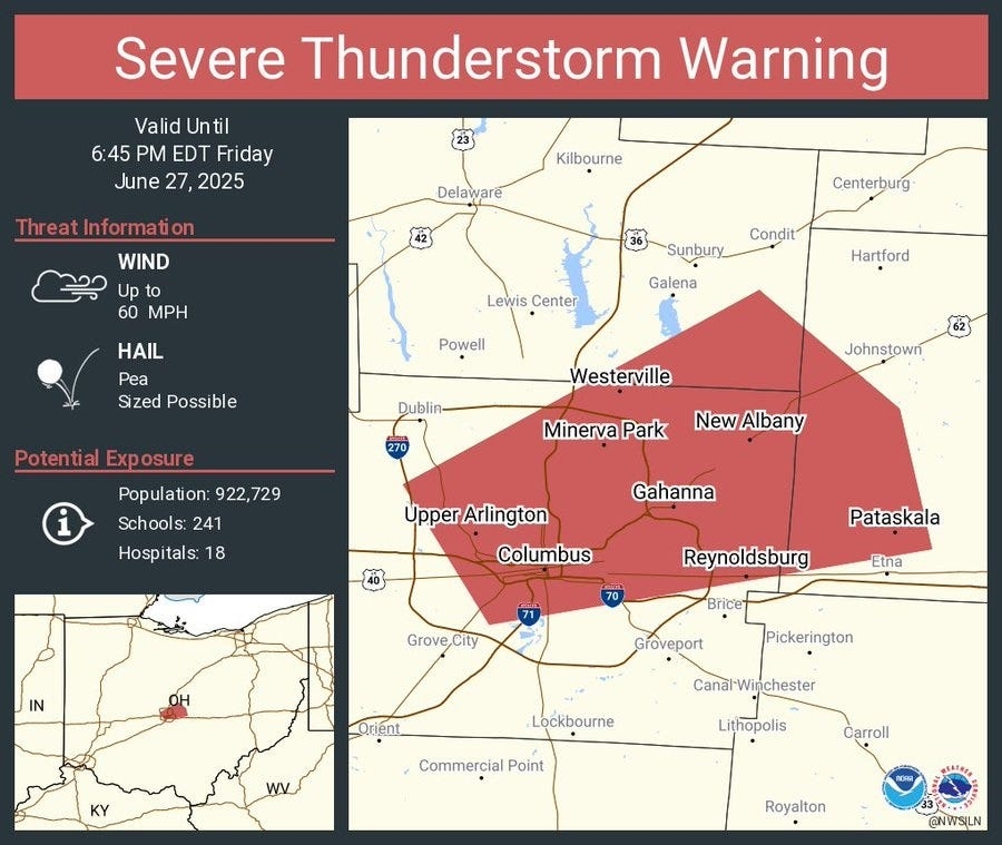 Columbus, parts of central Ohio under severe thunderstorm warning; 60 mph gusts possible