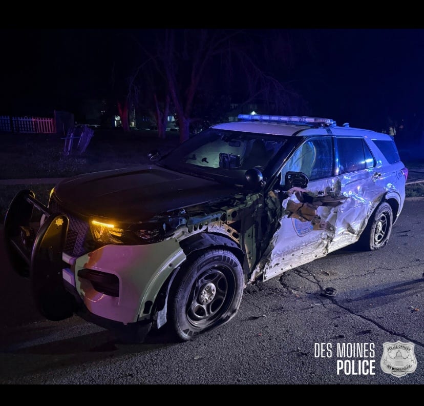 Des Moines police officer suffers minor injuries after driver allegedly strikes patrol car