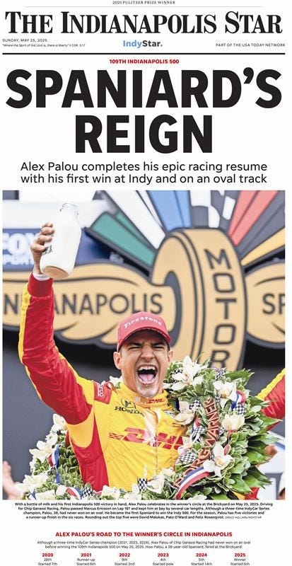 Celebrate Alex Palou's first Indianapolis 500 victory with a commemorative page print