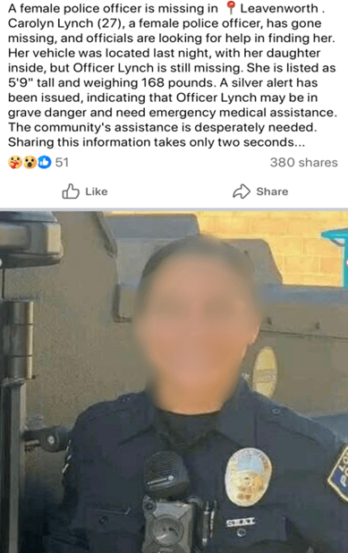 Leavenworth officials warn of viral social media scam involving fake missing officer