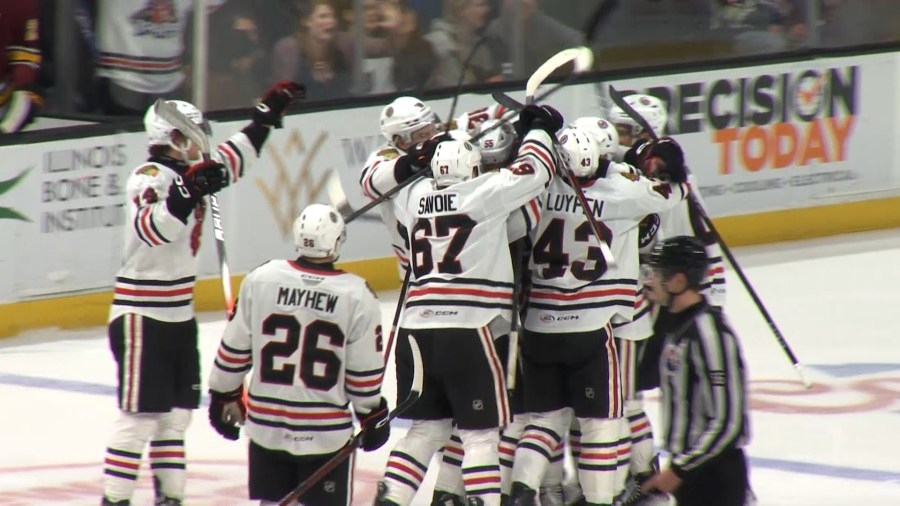 Artyom Levshunov's OT goal lifts the Rockford IceHogs to a game 1 win over the Chicago Wolves