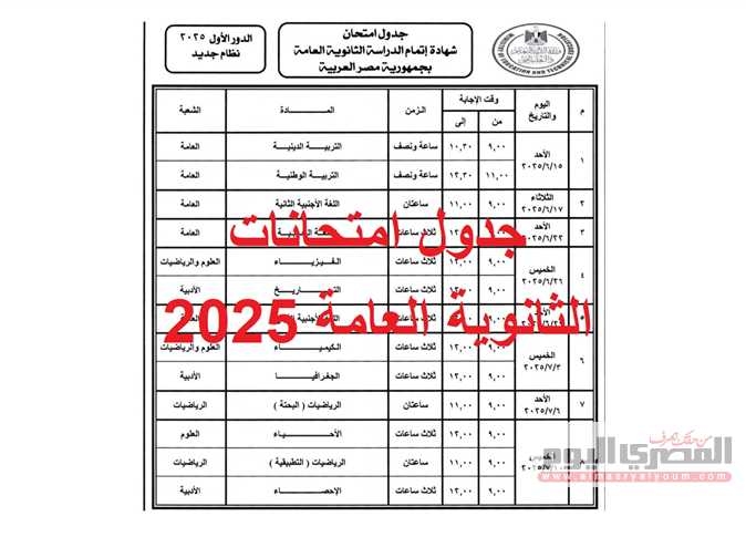 تًستأنف اليوم.. جدول امتحانات الثانوية العامة 2025 pdf كاملا