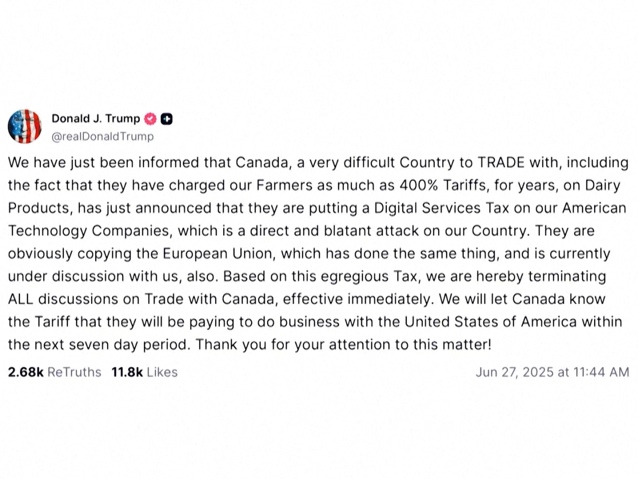Trump ends trade talks with Canada