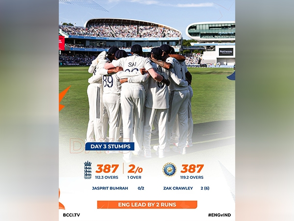 Lord's Test: India equals England's total of 387 runs; hosts take 2-run lead
