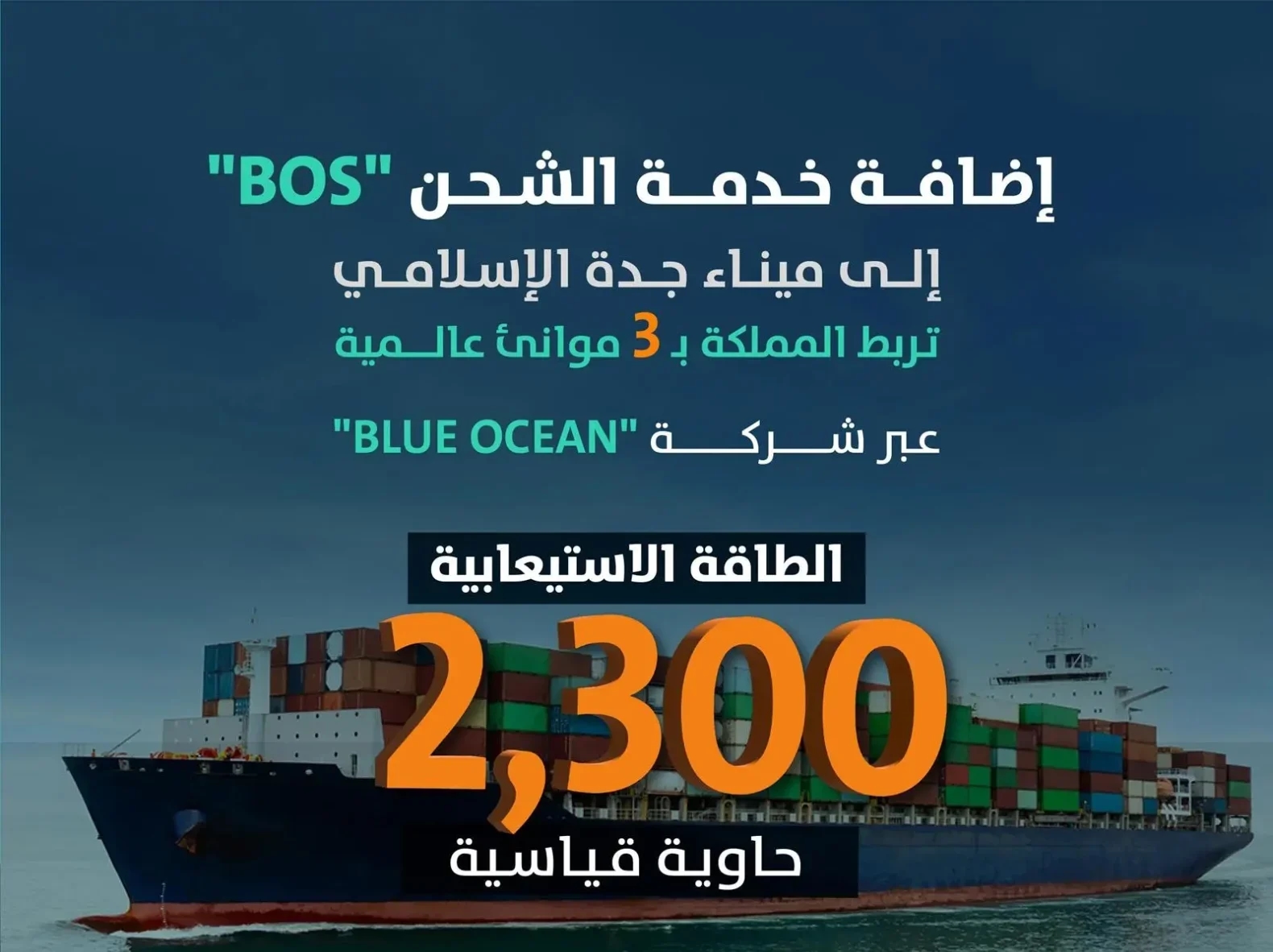 'موانئ': إضافة خدمة الشحن 'Bos' التابعة لشركة 'Blue Ocean' إلى ميناء جدة الإسلامي