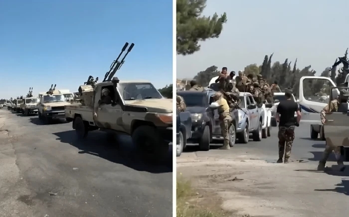 بالفيديو : أرتال عسكرية ضخمة تتجه نحو السويداء لنزع سلاح ميليشيات درزية خارجة عن القانون