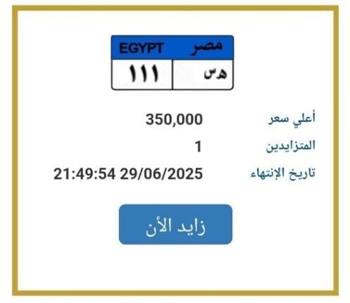 بـ 350 ألف جنيه.. «المرور» تطرح التزايد على لوحة سيارة مميزة