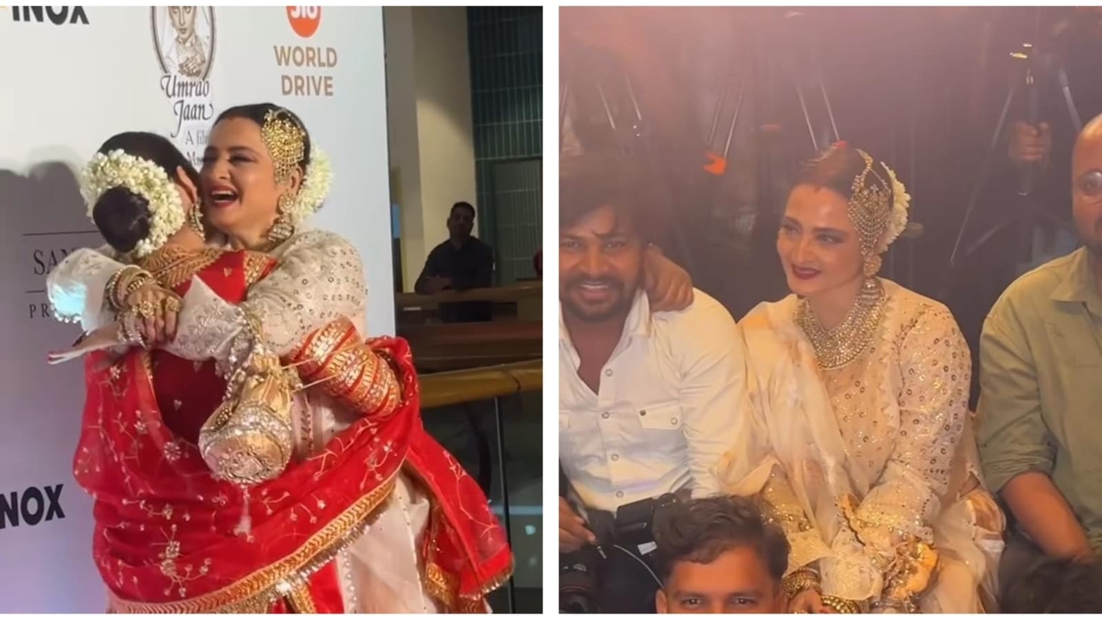 Rekha hugs Tabu, poses with paparazzi at Umrao Jaan screening. Watch