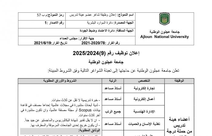 وظيفة جامعة.. جامعة عجلون الوطنية تعلن عن وظائف شاغرة لأعضاء هيئة تدريس