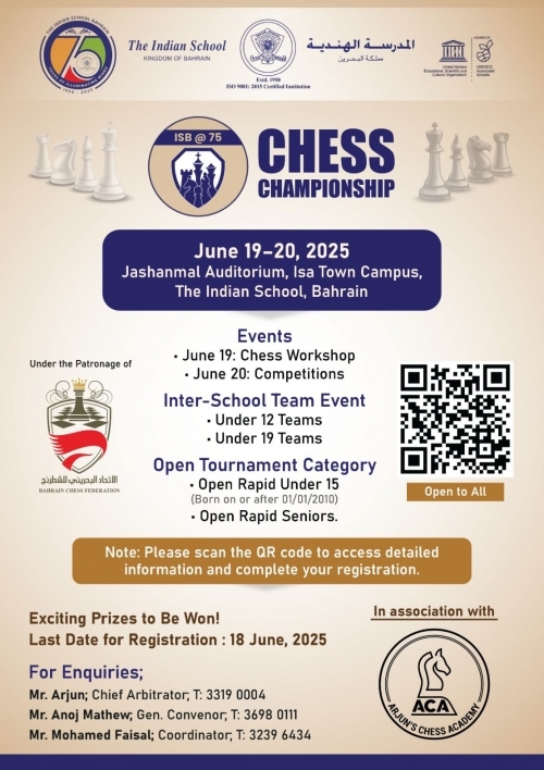 The Indian School Bahrain to Host Grand Chess Championship as Part of Platinum Jubilee Celebrations